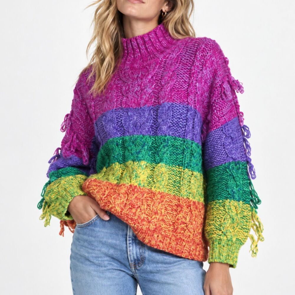 FARM Rio Rainbow Ombre Cable Knit Sweater Fringe Turtleneck Oversized Colorblock